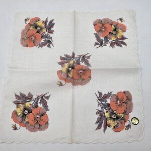 Vintage Floral Handkerchief With Scalloped Edge & Orange Pansy Print